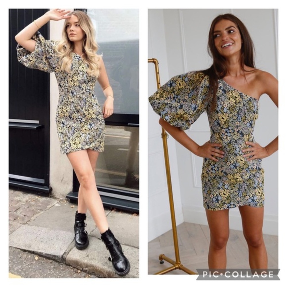 Atoir Yellow Floral One Shoulder Puff Sleeve Structured Dare to Love Mini Dress